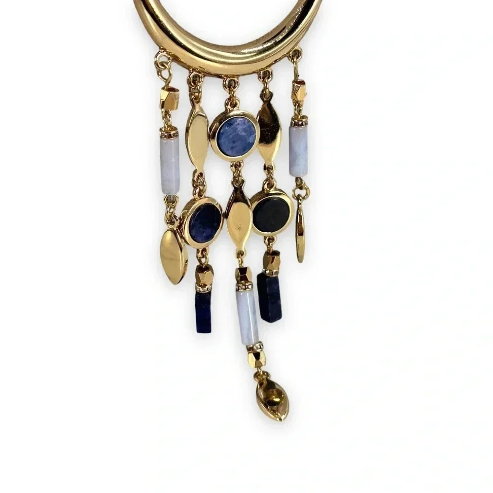 White House Black Market Long Necklace Dangle Fringe Gold Blue Adjustabl…